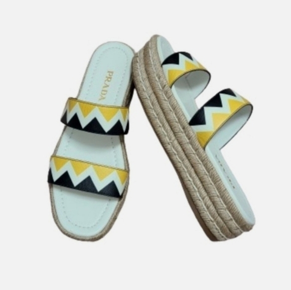 PRADA Zigzag Saffiano Leather Sandals Womens Platform Espadrille Slide Size 39 - Picture 2 of 16